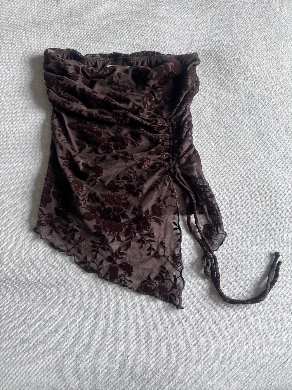 Mesh Floral Velvet Strapless Top - Dark Brown Small Y2K Style Asymmetrical